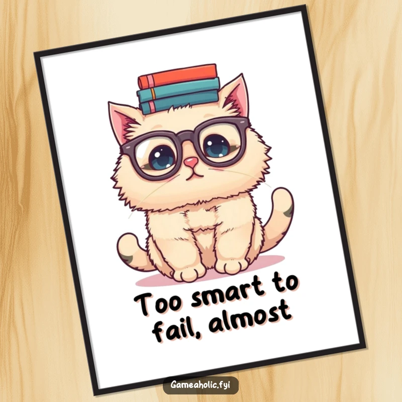 Funny Free Printable Wall Art: Fluffy cat in oversized glasses attempting to balance a huge stack of books on its head.