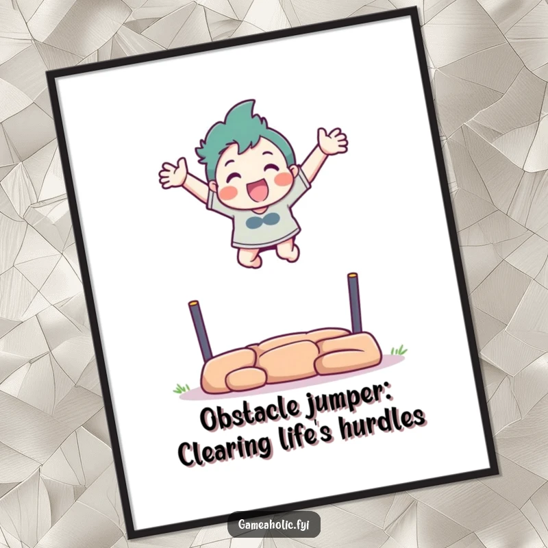 Funny Free Printable Wall Art: Character excitedly leaps over a virtual obstacle, arms outstretched, celebrating triumph, DIY decor.