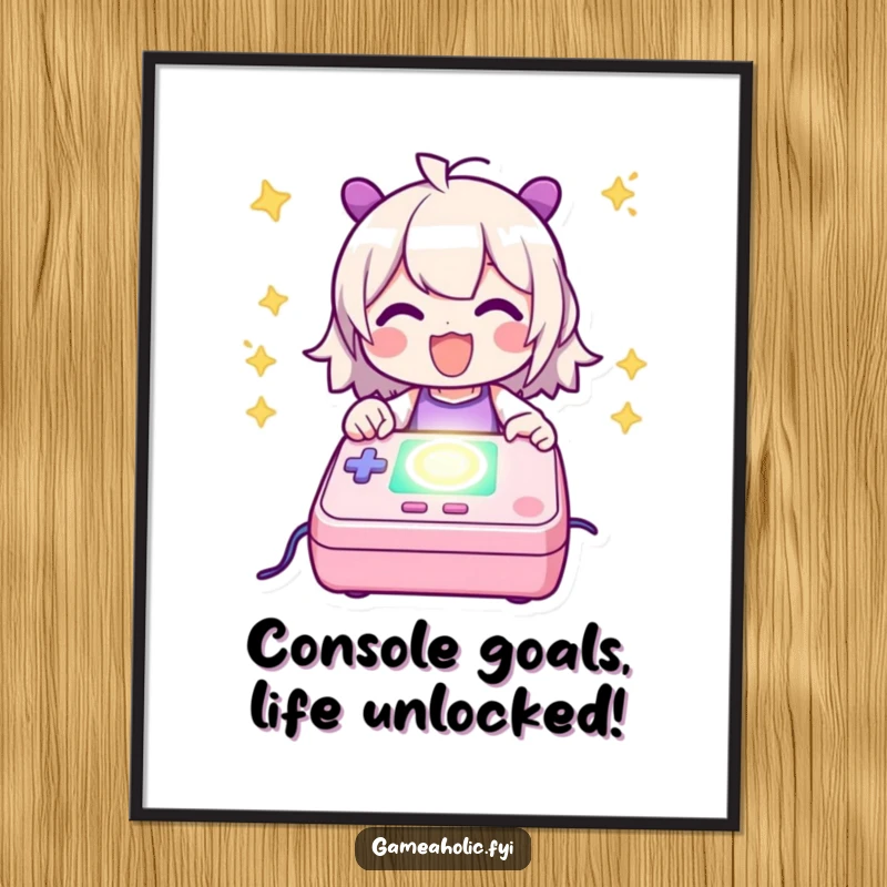 Funny free printable wall art showing a gamer happily powering up a futuristic, glowing gaming console.