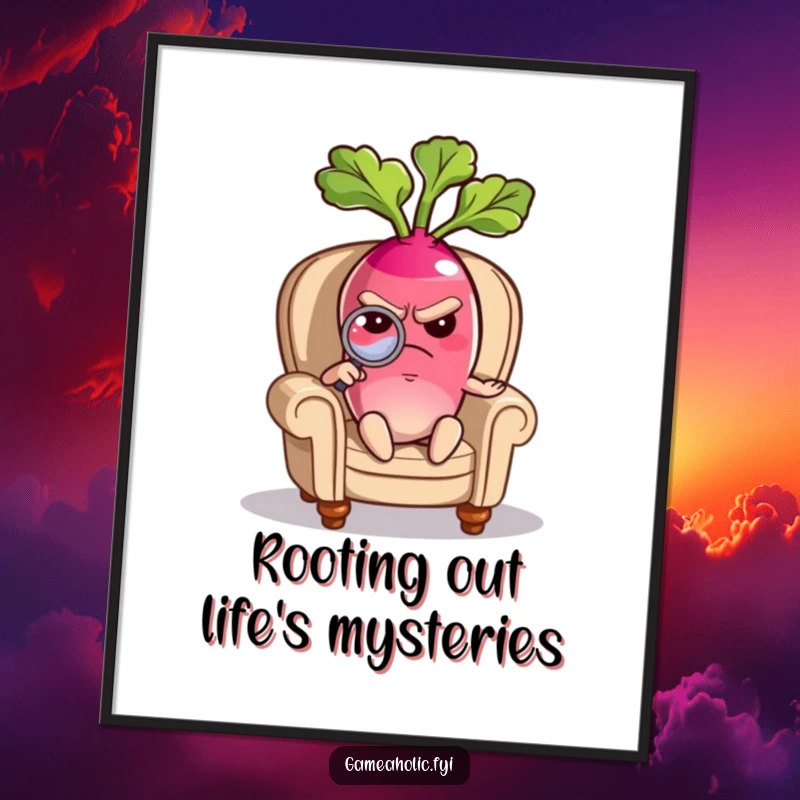 Funny Free Printable Wall Art: Grumpy radish sitting in a tiny armchair, scrutinizing the world with a magnifying glass.