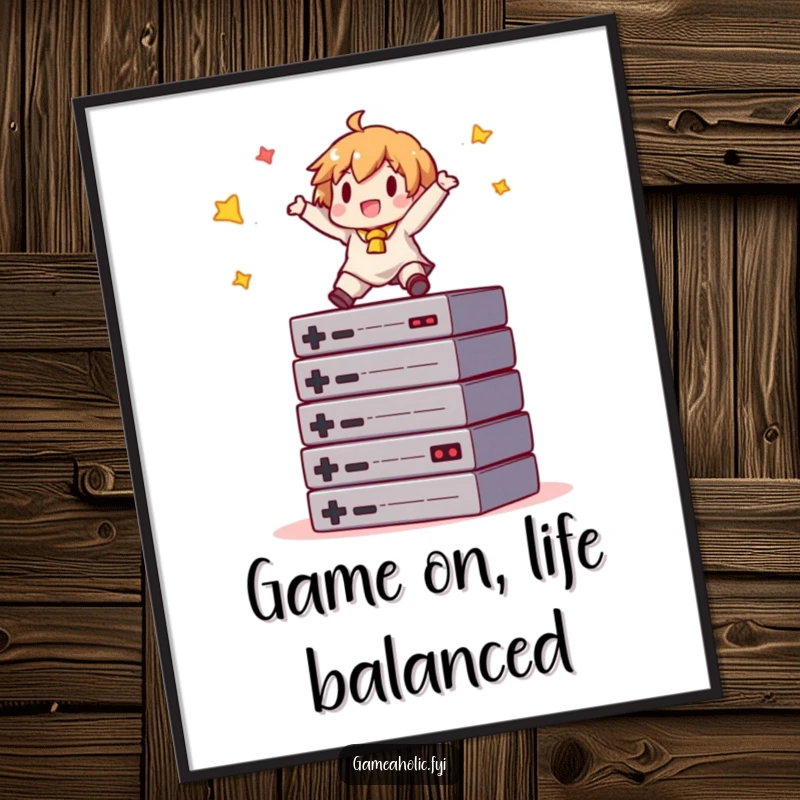 Funny Free Printable Wall Art: Gamer character balancing on a stack of colorful game cartridges.