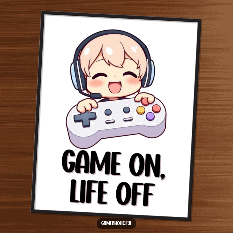 Funny Free Printable Wall Art: Gamer character with headphones gleefully mashing oversized video game controller buttons.