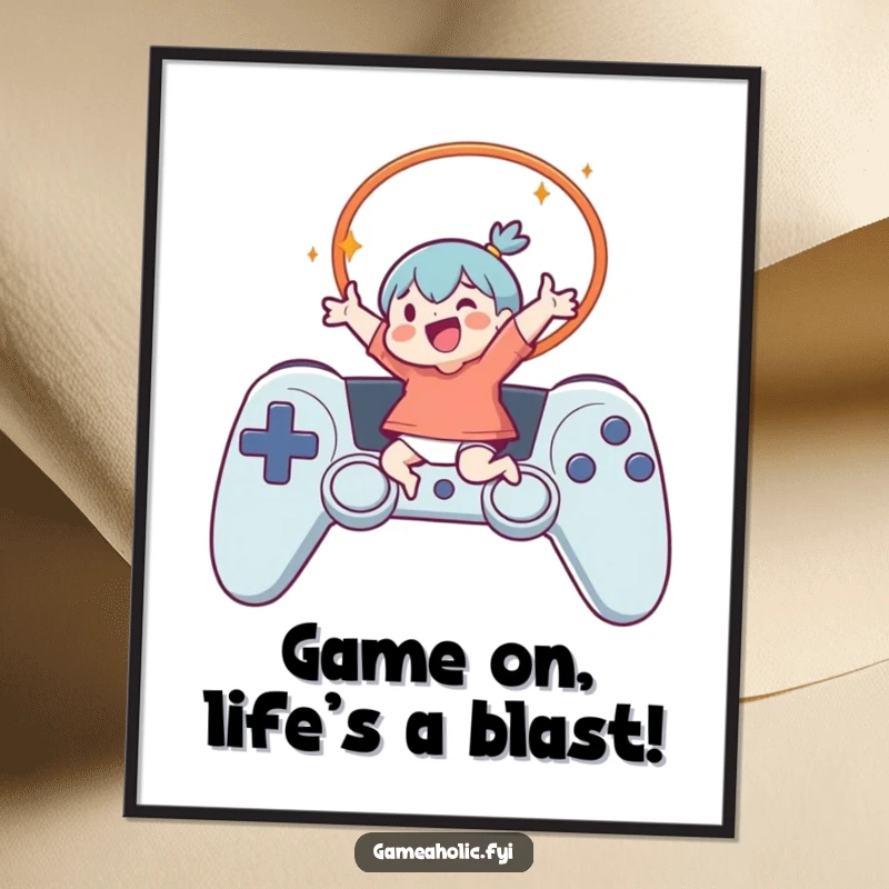Funny free printable wall art featuring a gamer energetically leaping through a controller-shaped hoop, full of joy.