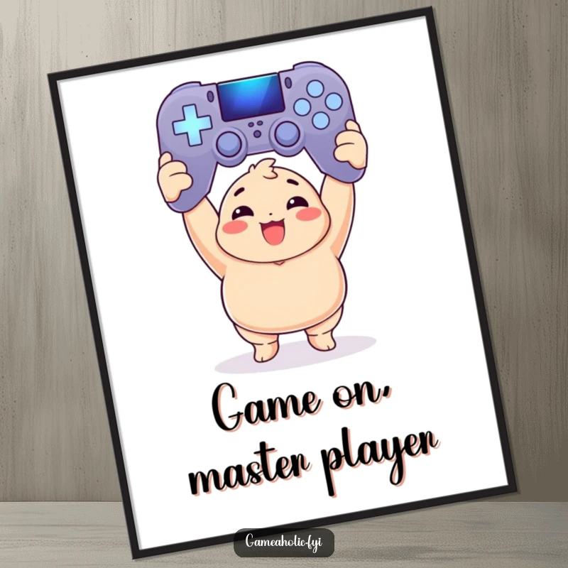 Funny Free Printable Wall Art: Chubby character triumphantly holding up a glowing, oversized game controller, celebrating a gaming win.