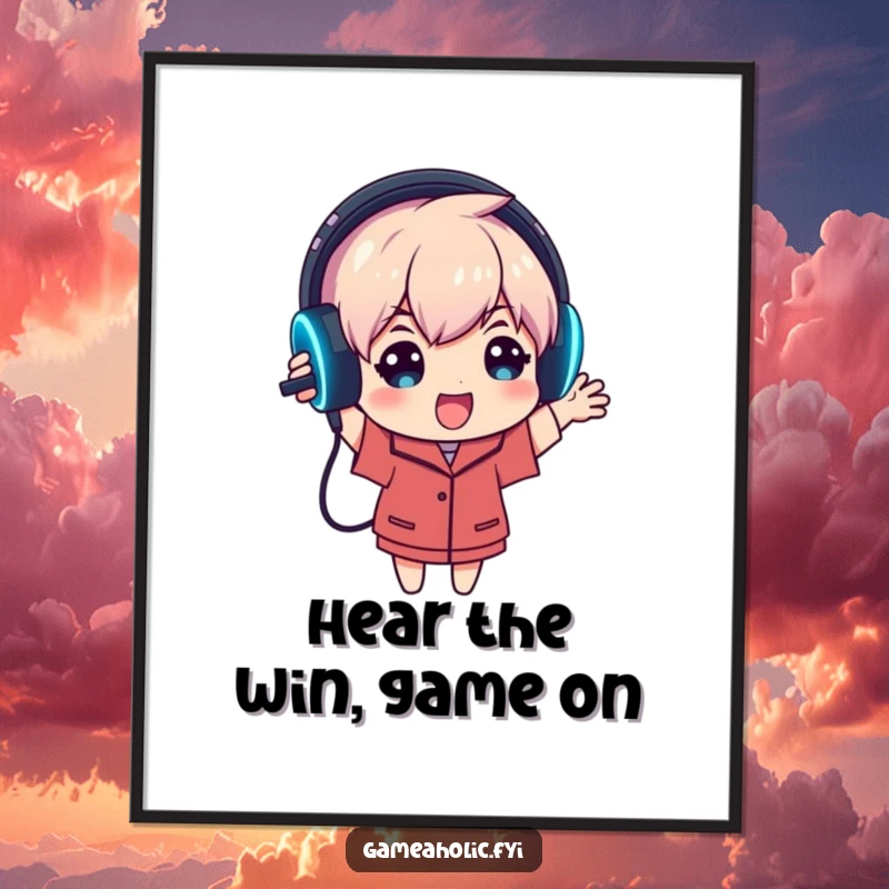 Funny free printable wall art featuring a character enthusiastically holding a bright, glowing gaming headset, celebrating tech and gaming.