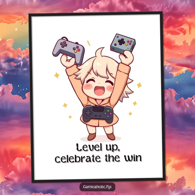 Funny free printable wall art of a gamer ecstatically throwing a controller in the air, celebrating a triumphant gaming moment.