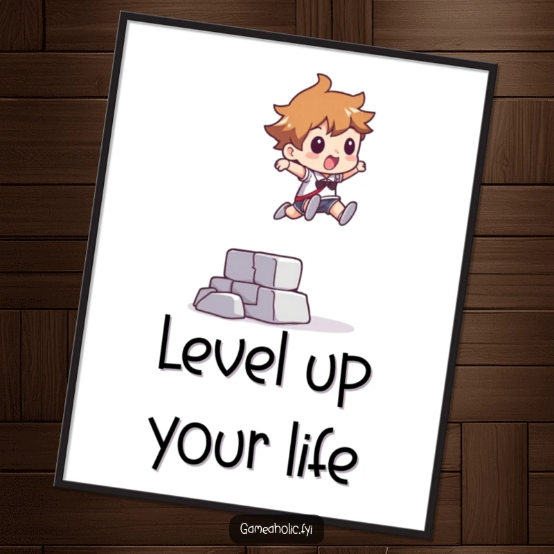 Funny Free Printable Wall Art: Character leaping over an abstract, pixelated obstacle, retro gaming decor.