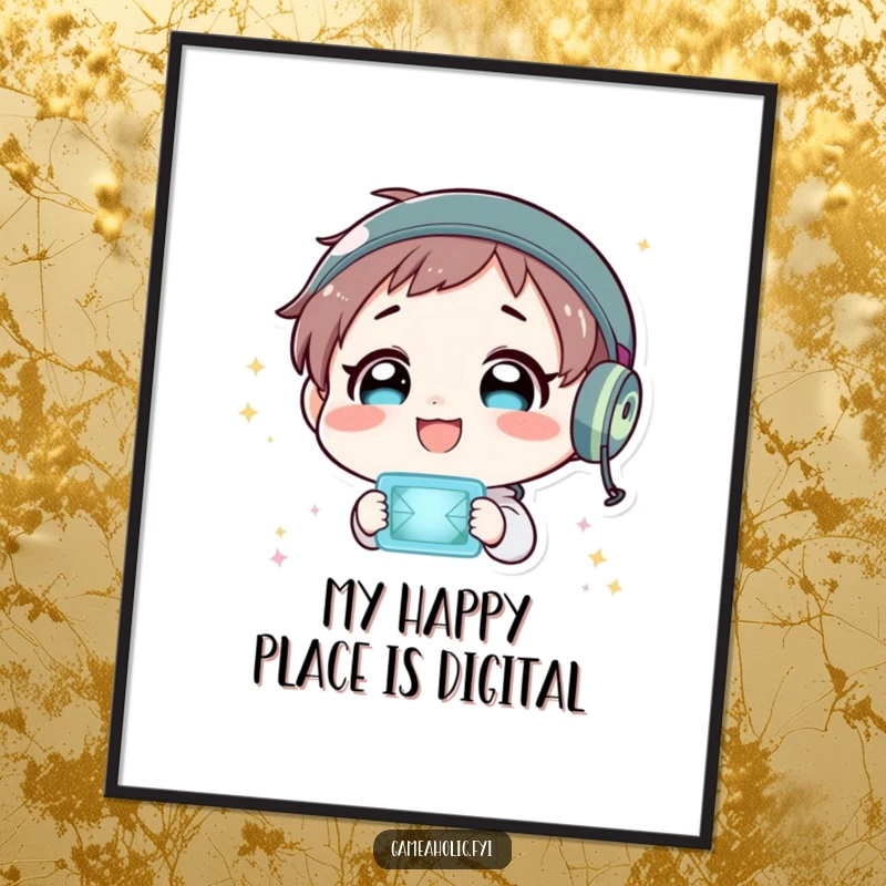 Funny Free Printable Gamer Wall Art: A character beams with joy, lost in the mesmerizing glow of a flashing virtual world.