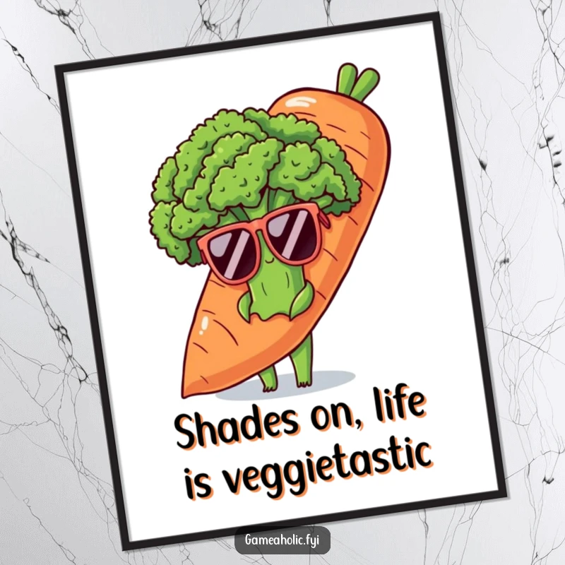 Funny Free Printable Wall Art: Shy broccoli stalk wearing large sunglasses, cautiously peeking from behind a giant, smiling carrot.