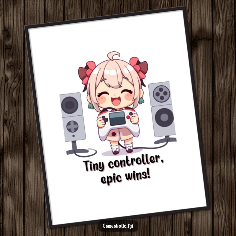 Funny free printable wall art depicting a happy gamer holding a comically tiny, oversized game controller.