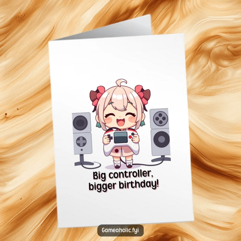 Funny free printable birthday card showing a gamer gleefully holding a comically tiny, oversized game controller.