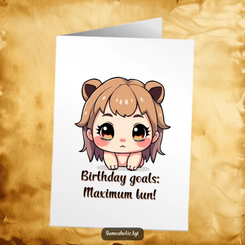 Funny Free Printable birthday card with a cute character intensely focused, eyes wide and sparkling, playing a game.