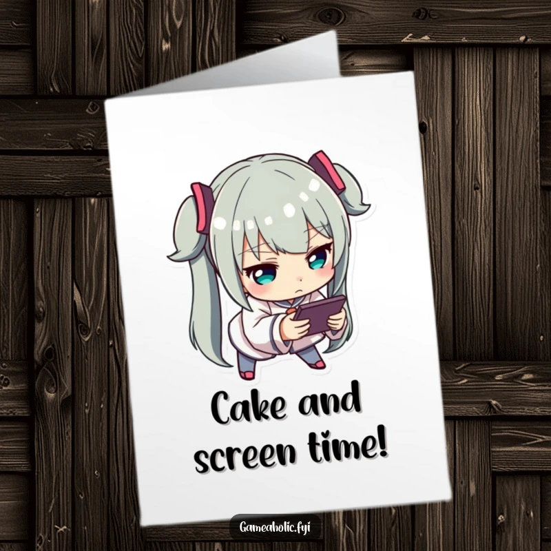 Funny Free Printable Birthday Card: Character intensely focused on a handheld device, leaning forward in concentration.