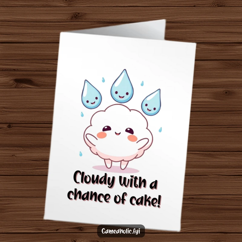 Funny Free Printable Birthday Card: Fluffy cloud character happily juggling three smiling raindrops, celebrating with fun.