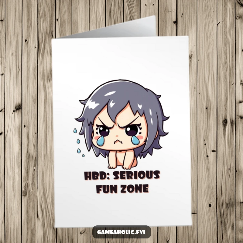 Funny Free Printable Birthday Card: Playful character intensely focused on a game, sweat drops flying, showing dedication.