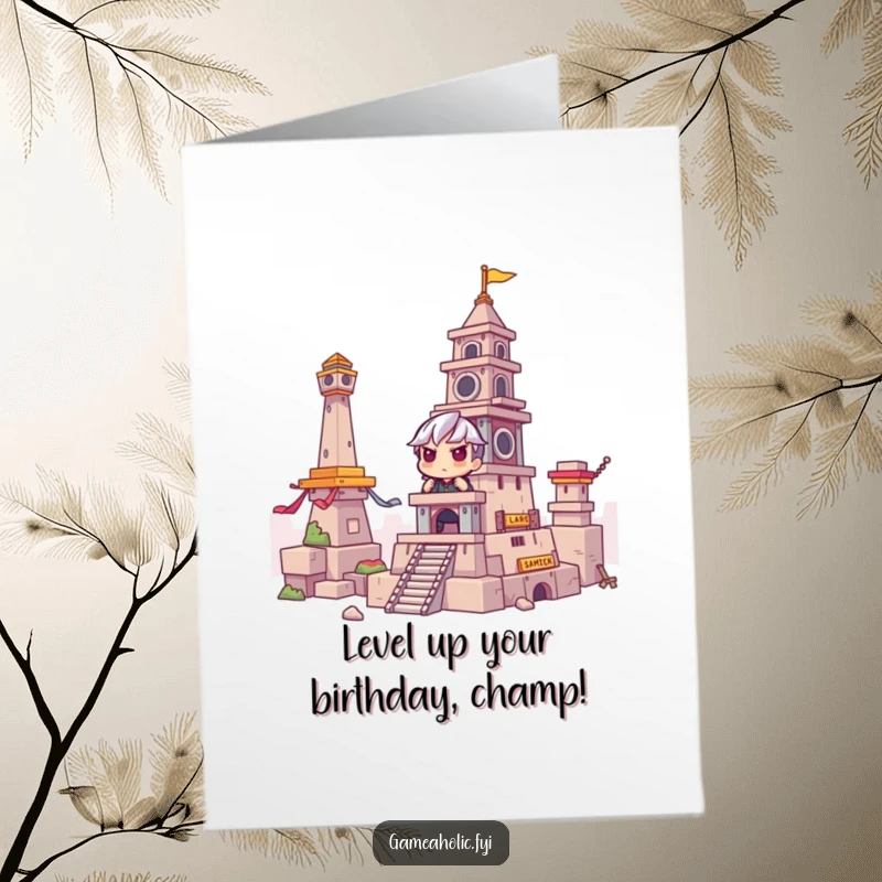 Funny Free Printable Birthday Card: Gamer intensely building a huge structure, ready to celebrate with epic loot.
