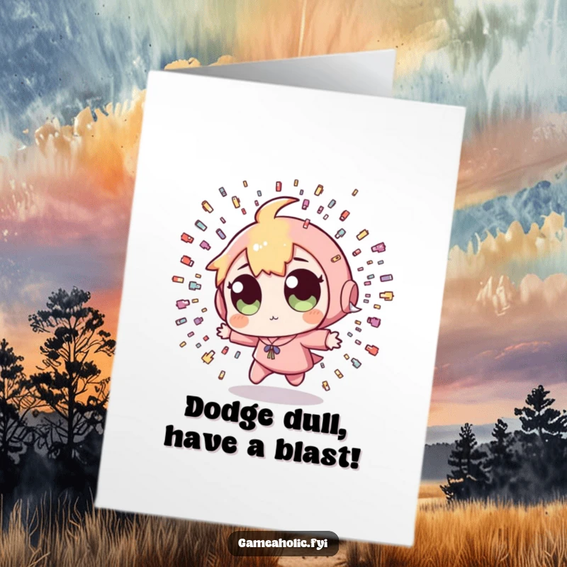 Funny Free Printable Birthday Card: Character with wide eyes dodging a shower of tiny pixel bullets, celebrating life.