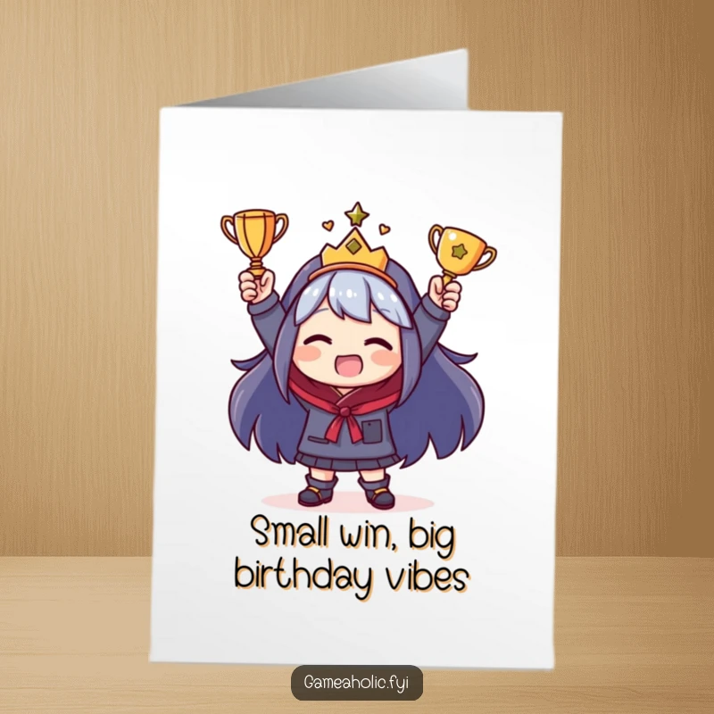 Funny Free Printable Birthday Card: A character beaming with pride, holding a miniature trophy, celebrating a hilarious win.