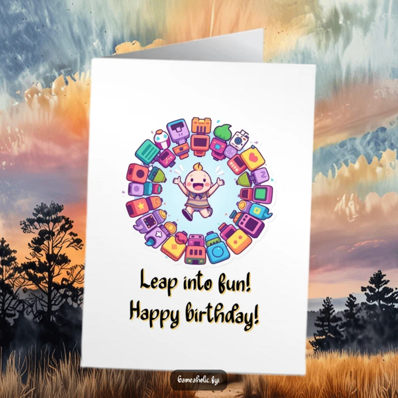 Funny Free Printable Birthday Card: Happy gamer character leaping into a vibrant portal filled with game icons.