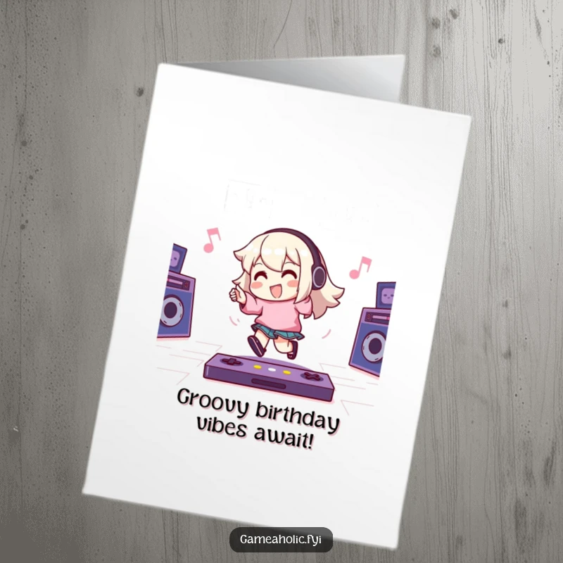 Funny Free Printable Birthday Card: Gamer character happily taps their foot to an energetic game beat, celebrating with rhythm.
