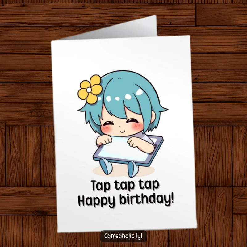 Funny Free Printable Birthday Card featuring a tech nerd happily tapping rapidly on a glowing tablet screen.