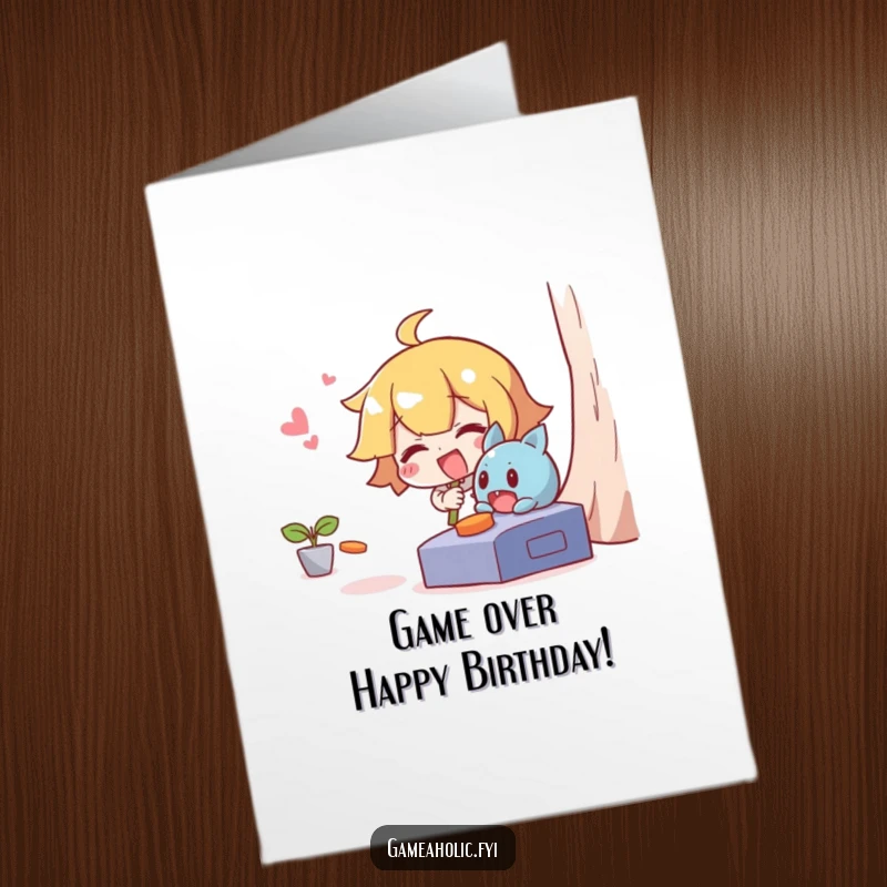 Funny Free Printable Birthday Card: Giggling character humorously pursues a mischievous character escaping a video game.