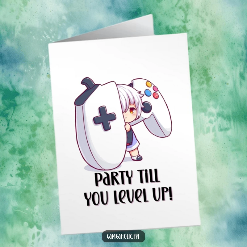 Funny Free Printable Gamer Birthday Card: Character playfully peeks from behind a giant video game controller, ready for fun.