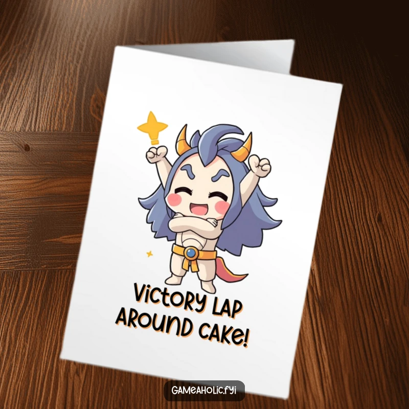 Funny Free Printable Gamer Birthday Card: Character strikes a triumphant pose, arms crossed, celebrating a glorious win.