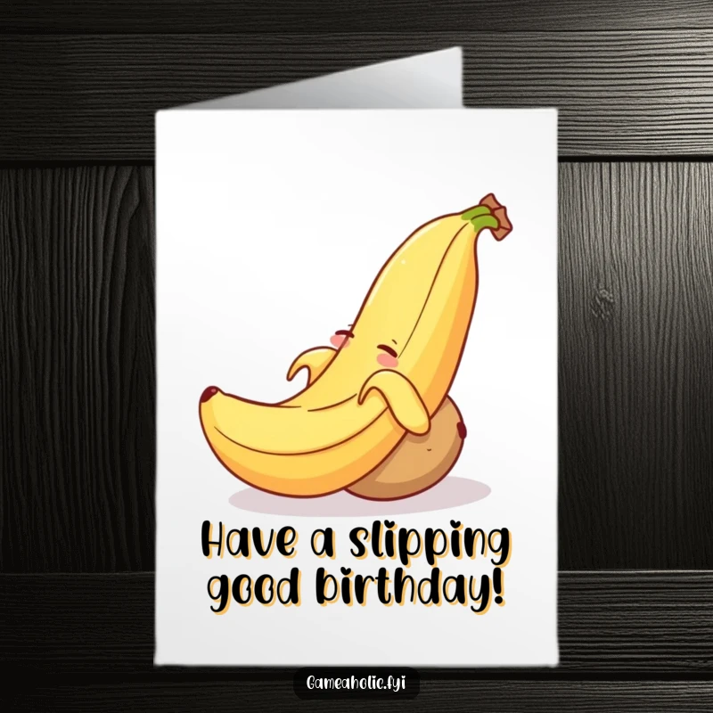 Funny Free Printable Birthday Card: Smiling banana peel causing a sleepy potato to tumble hilariously.
