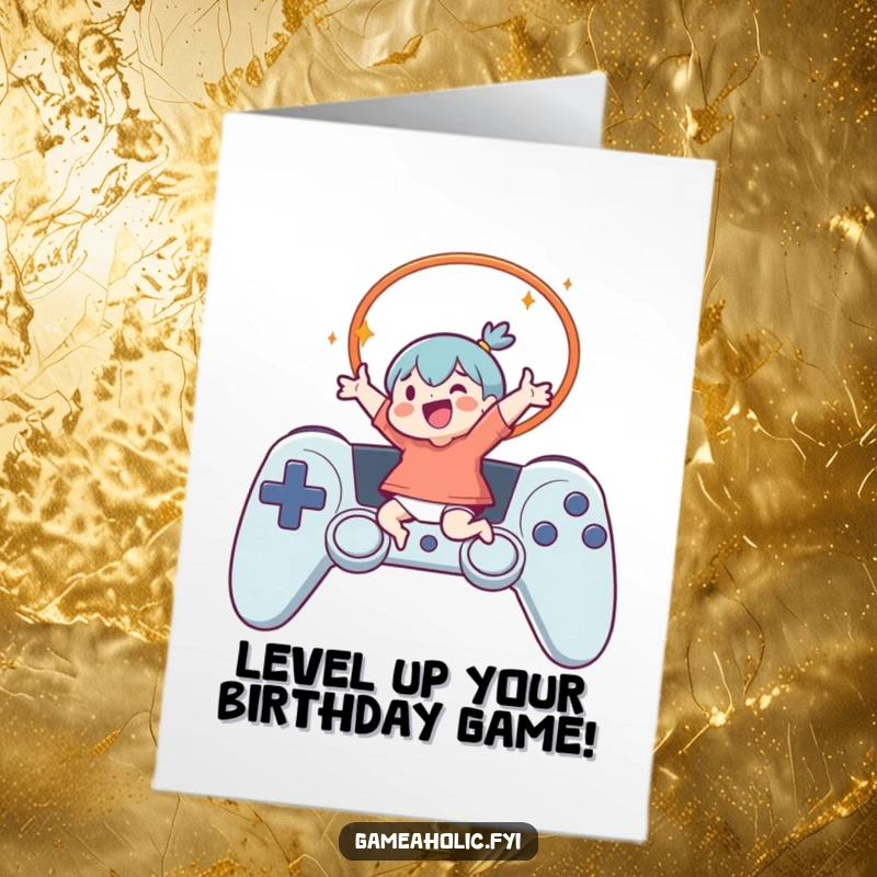 Funny free printable birthday card showing a gamer leaping through a controller hoop, ready to celebrate.