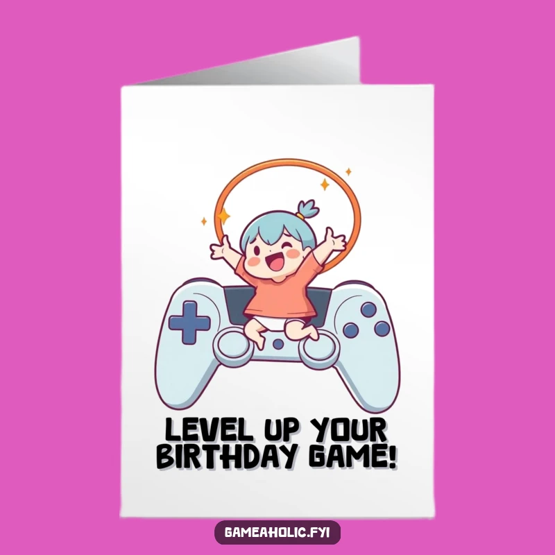 Funny Free Printable Birthday Card: Leaping Gamer Character Downloadable Gift