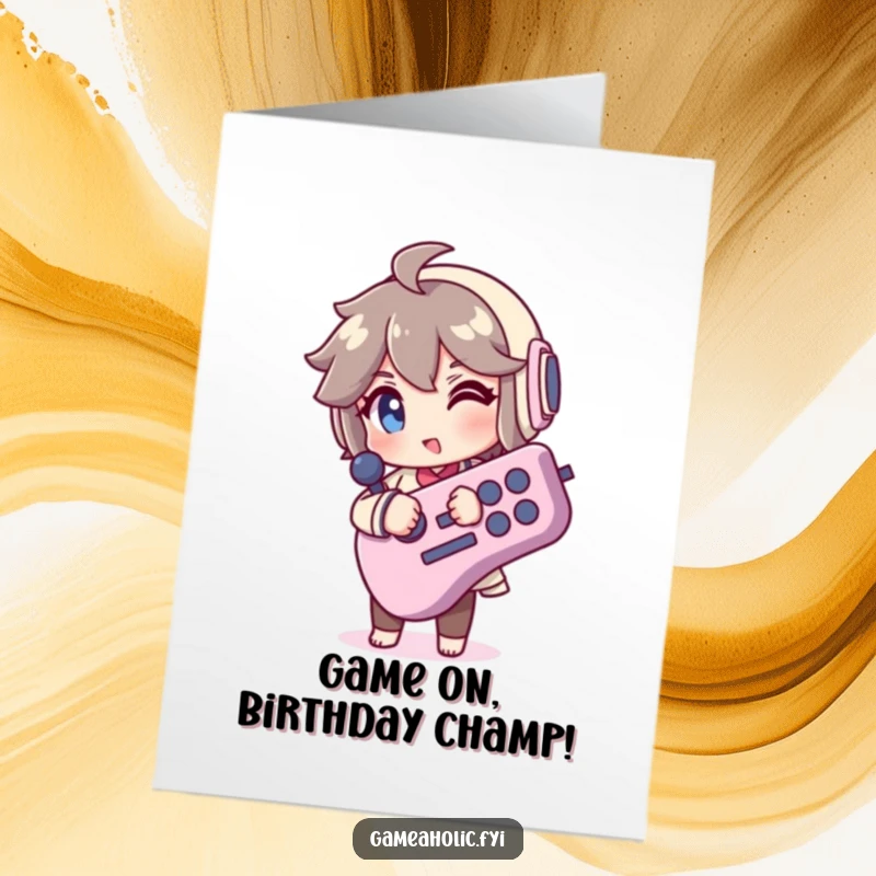 Funny Free Printable Birthday Card: Winking gamer character with a giant joystick, ready to level up your celebration.