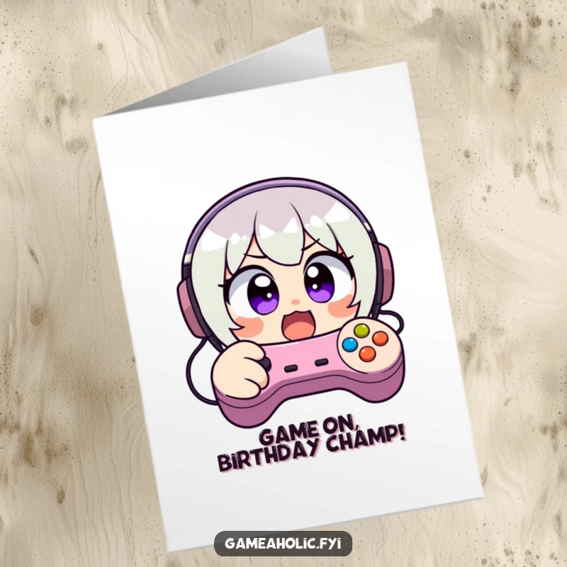 Funny Free Printable Birthday Card featuring a cartoon character frantically mashing video game controller buttons with excitement.