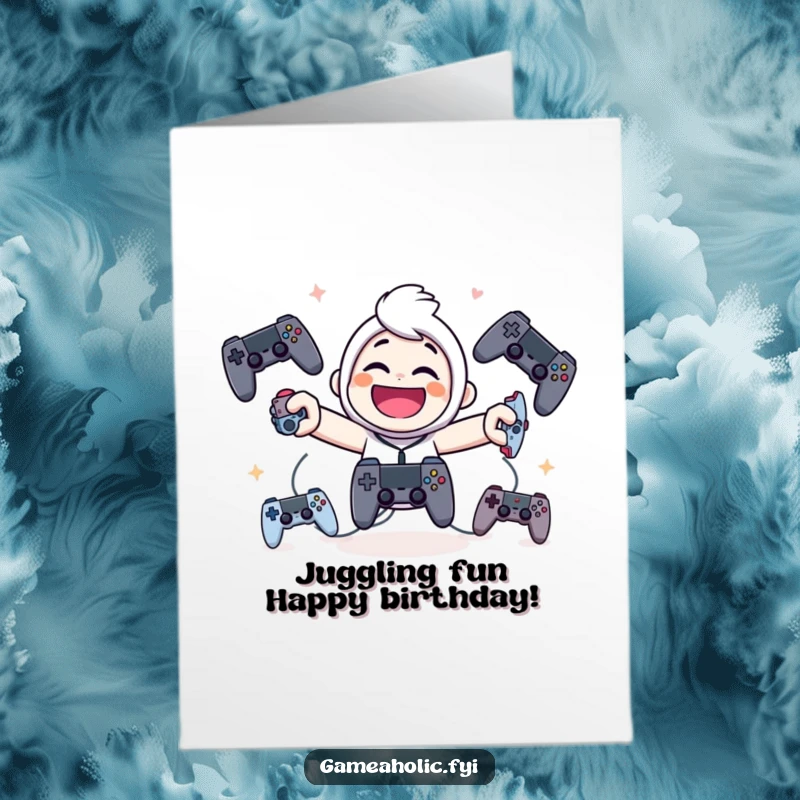 Funny Free Printable Birthday Card: Giggling character skillfully juggling multiple game controllers with a huge smile.