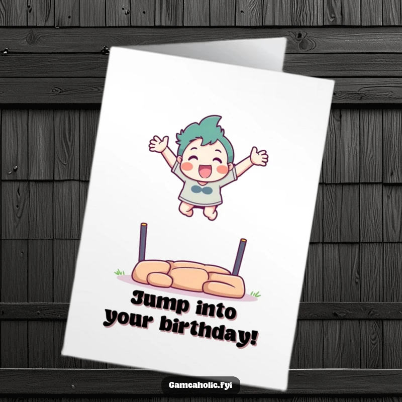 Funny Free Printable Birthday Card: Character excitedly leaps over a virtual obstacle with arms outstretched, celebrating birthday success, DIY.