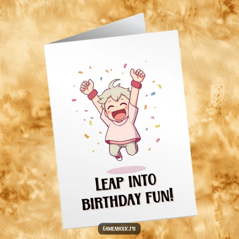 Funny Free Printable Birthday Card: Character cheering wildly, throwing confetti, leaping in a jubilant victory pose.