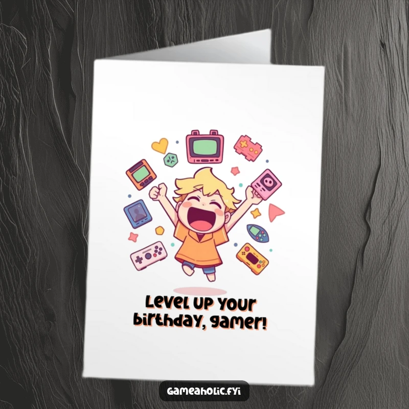 Funny Free Printable Birthday Card: Cheerful gamer surrounded by floating game icons, celebrating a win. A downloadable gamer gift.