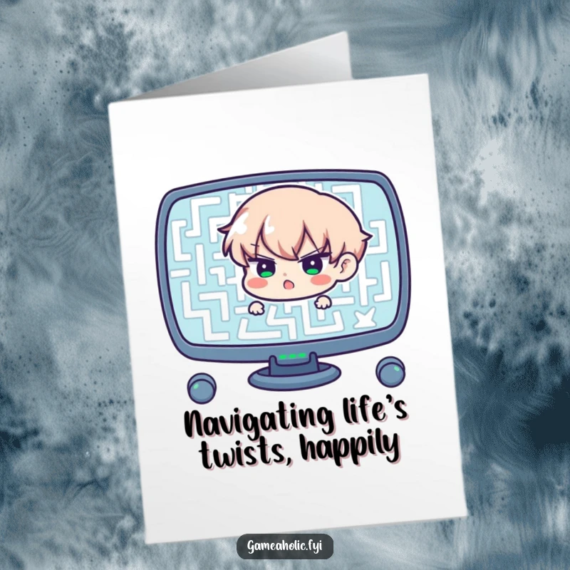 Funny Free Printable Birthday Card: Determined character focused on navigating a complex digital maze, celebrating a birthday quest.