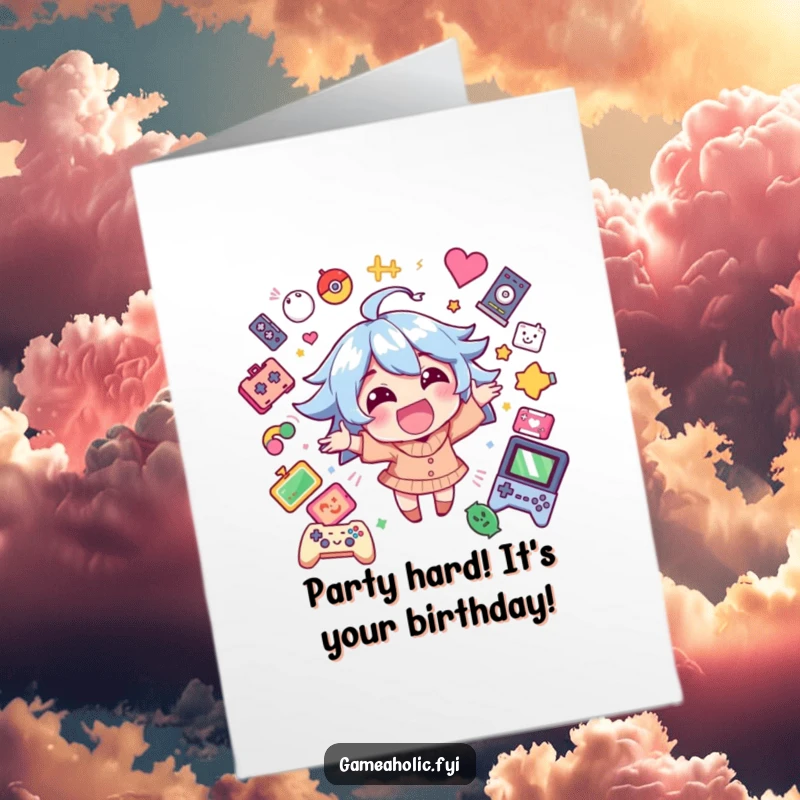 Funny Free Printable birthday card with a happy character bursting with excitement, surrounded by vibrant game icons.