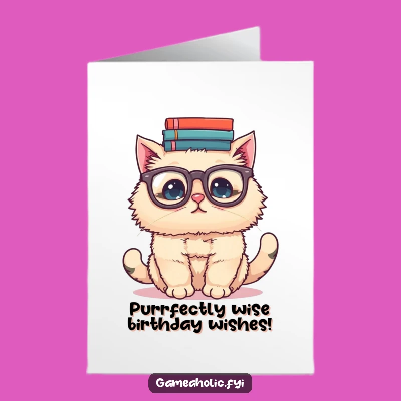 Funny Free Printable Birthday Card: Bookish Cat's Balance Act - Gift Idea