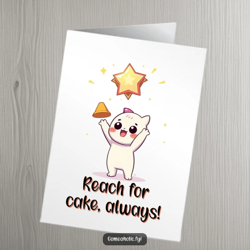 Funny Free Printable Gamer Birthday Card: Character eagerly reaches for a shiny, floating virtual award, celebrating a win.