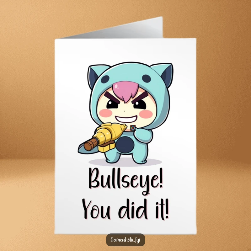 Funny Free Printable Congratulations Card: Character aiming a tiny pixelated target, celebrating a perfect accomplishment.