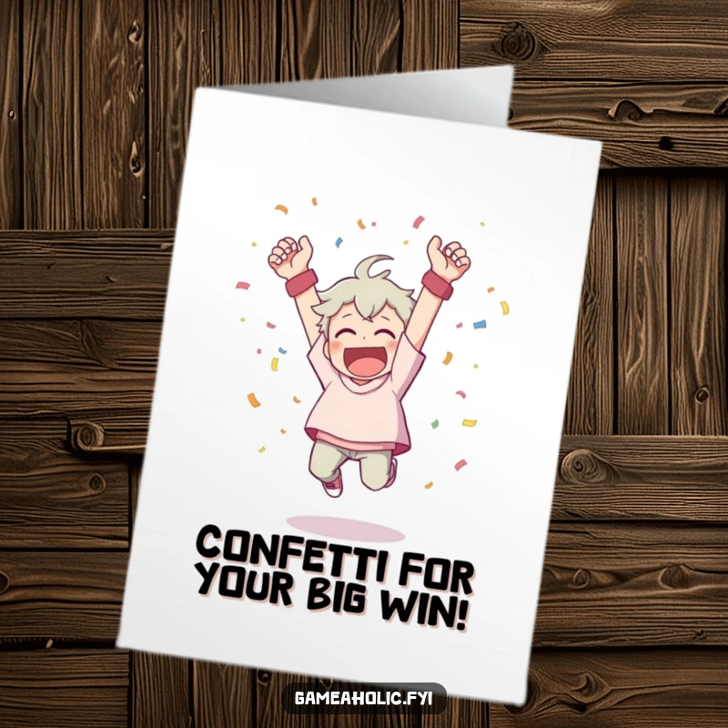 Funny Free Printable Congratulations Card: Character cheering wildly, celebrating success with confetti and a leap.