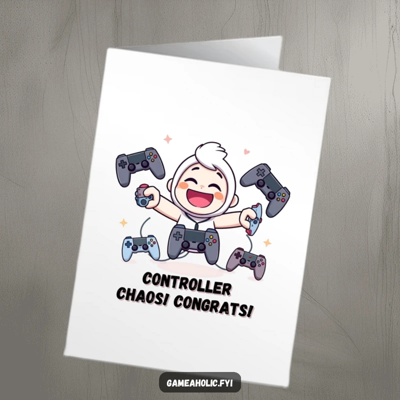 Funny Free Printable Congrats Card: Smiling character expertly juggling game controllers, celebrating a big win.