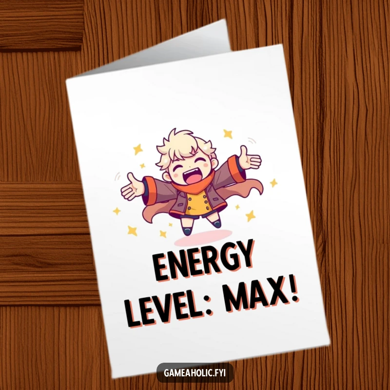 Funny Free Printable Gamer Congratulations Card: Character spins joyfully with arms wide, full of infectious gaming energy.