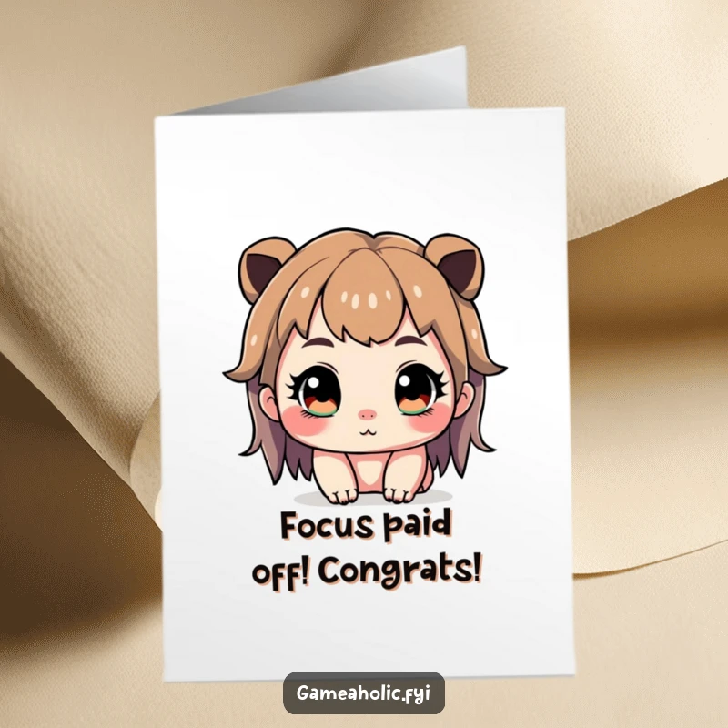 Funny Free Printable congratulations card with a cute character intensely focused, eyes wide and sparkling, on a game.