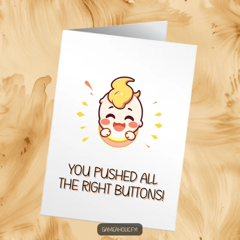 Funny Free Printable Congrats Card: A cute character beams with joy while enthusiastically smashing a glowing button, celebrating a big win.
