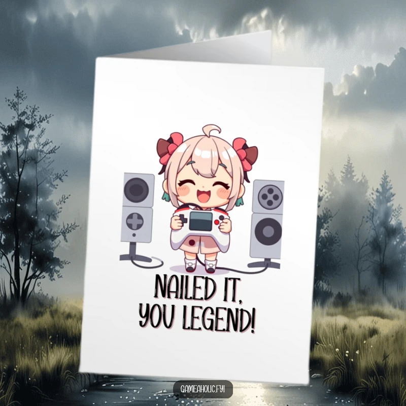 Funny free printable congratulations card with a happy gamer holding a tiny, oversized game controller, celebrating a win.