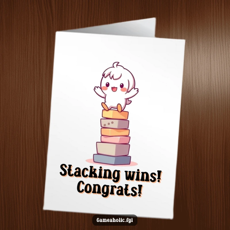 Funny Free Printable Congrats Card: Playful character triumphantly balancing on a precarious stack of digital pixels.