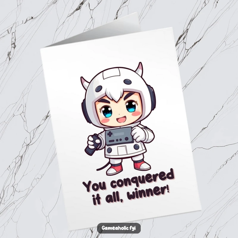 Funny Free Printable Congrats Card: Proud character striking a victorious pose, proudly holding a game controller, celebrating a major win.